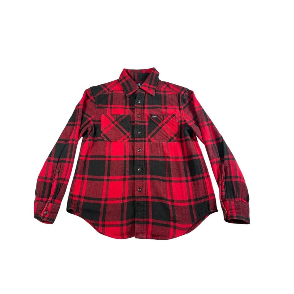 Polo Ralph Lauren Boys Size S(8) Red and Black Plaid Flannel Button-Up Shirt‎